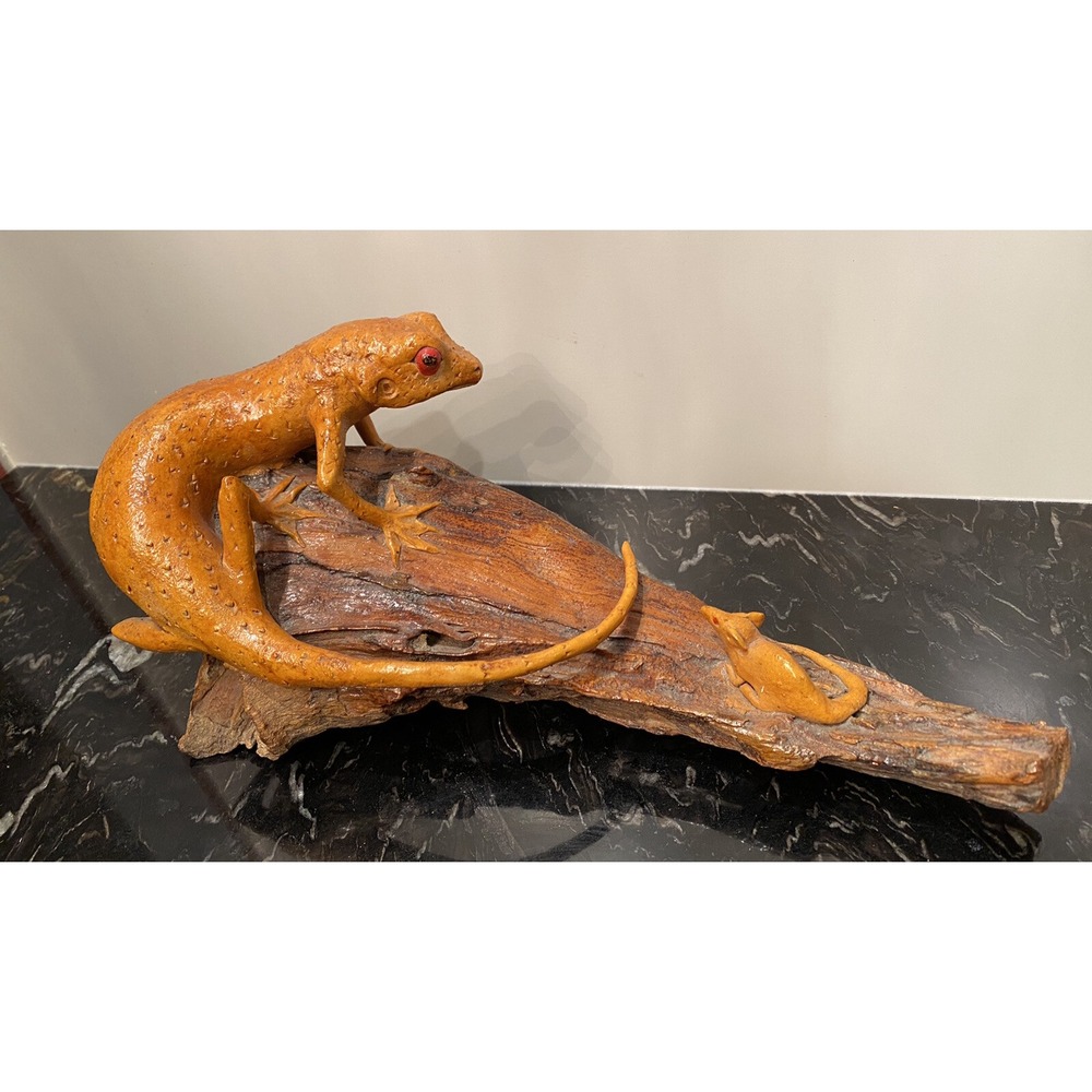Lizard Hunting Mouse Wooden Figurine on Driftwood 12"x 4"x 5"